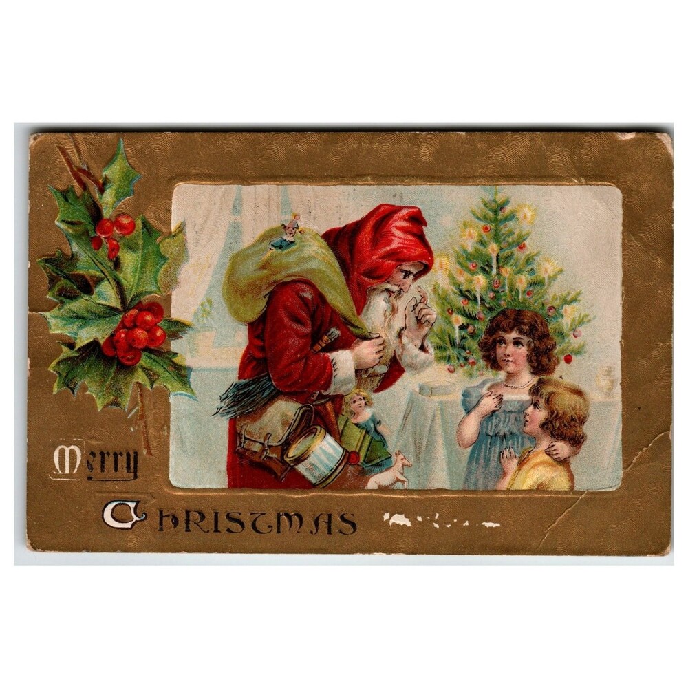 Vintage 1909 Santa Claus Christmas Tree Children Old World Saint Nick Postcard